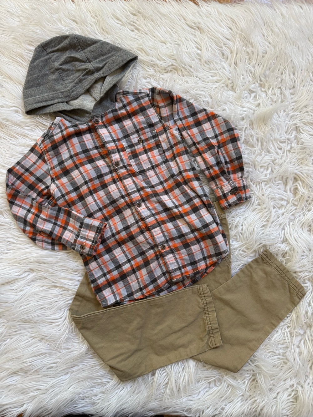 Kids Plaid Hooded Shirt - Orange, Gray & Brown and matching slacks